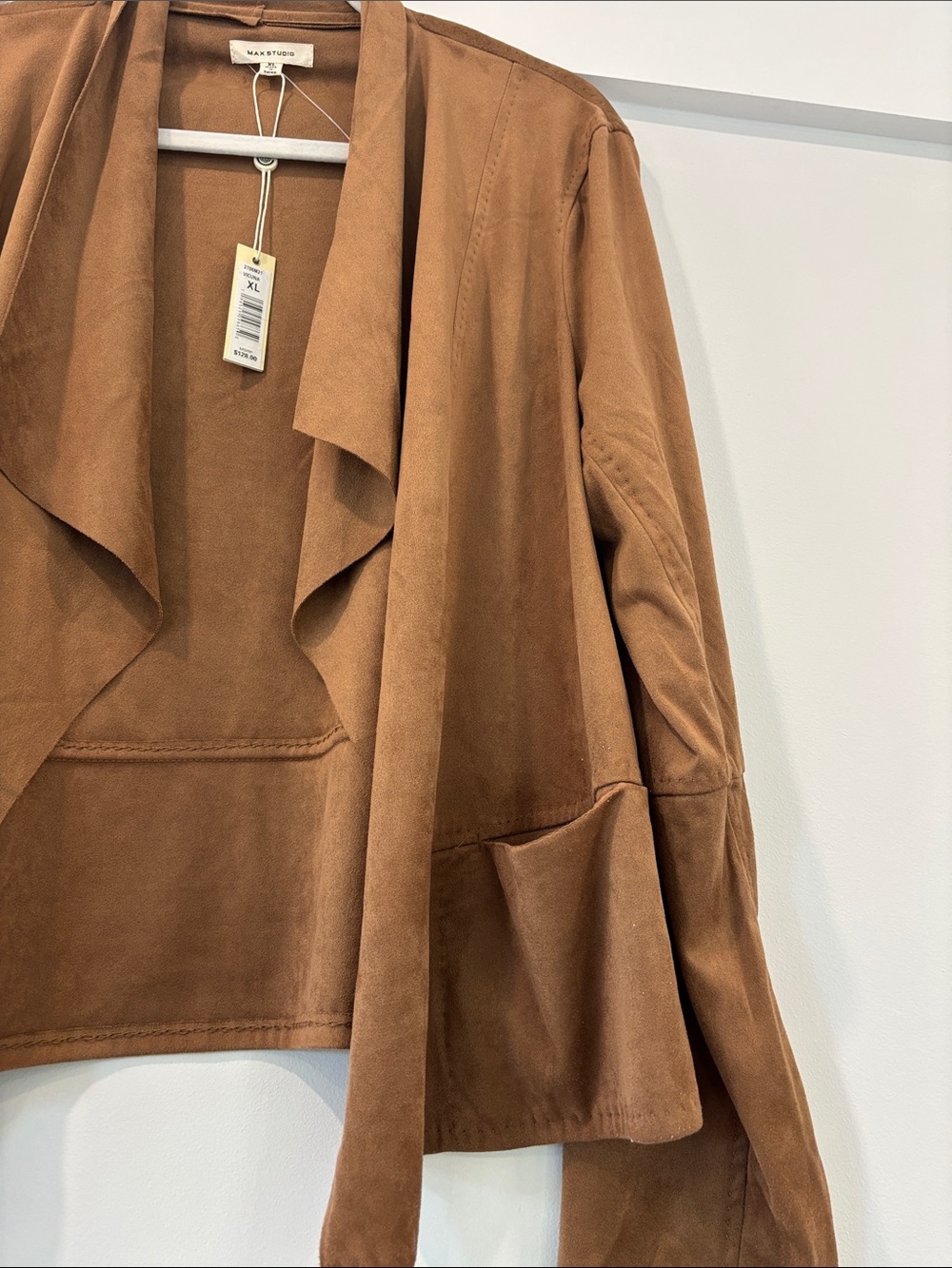 Max studio Open-Front Suede-Look Jacket in Cognac - Picture 3 of 5